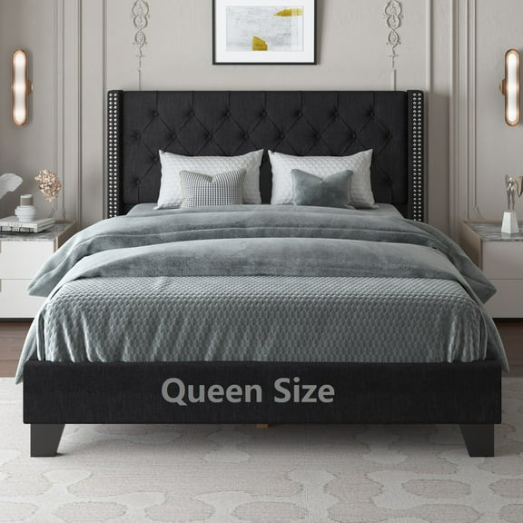Nathaniel Home, Queen Bed Frames Upgrade, Linen Upholstered Platform Bed, Diamond Beds Frame for Bedroom, with Fabric Button Tufted Headboard, Black