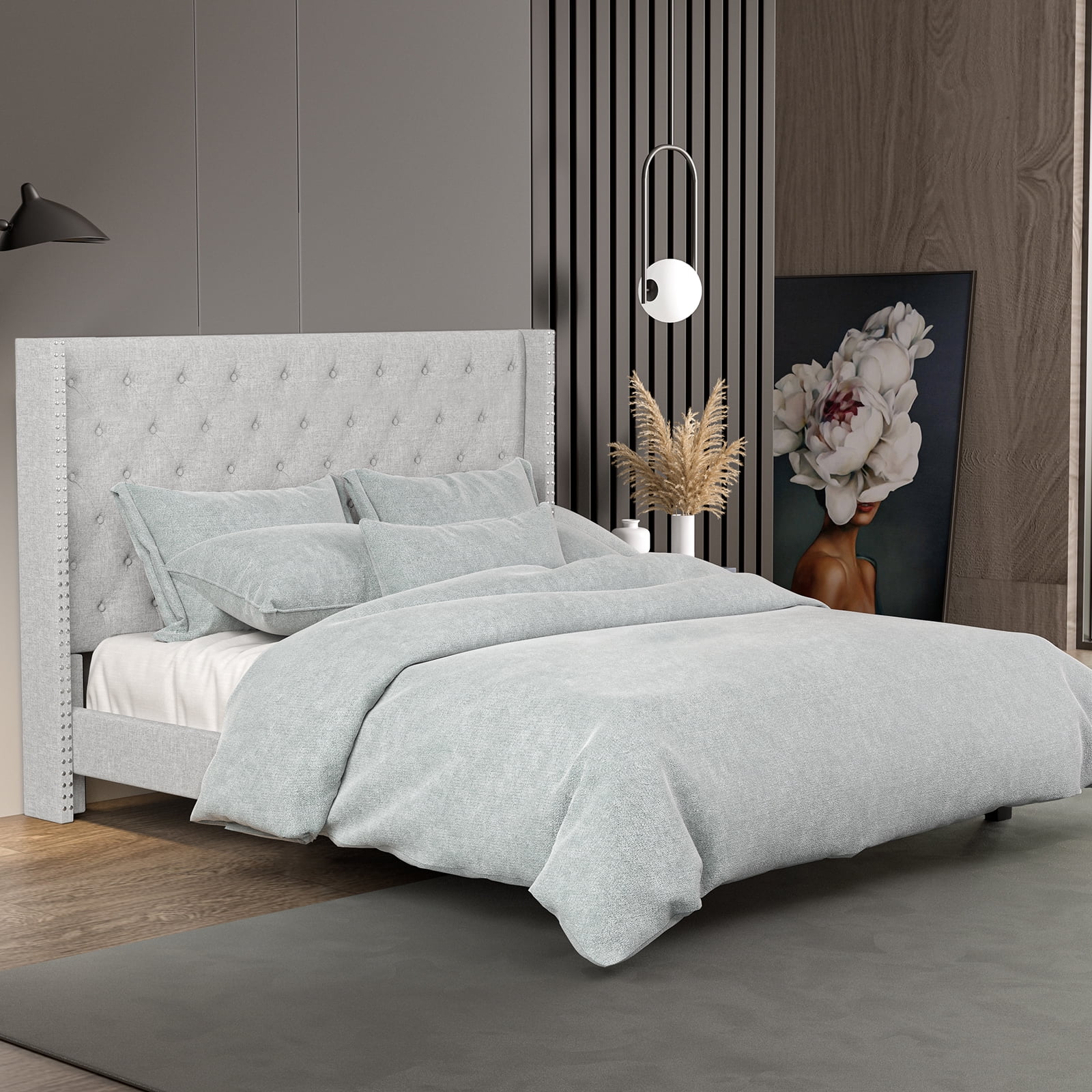 Nathaniel Home, Queen Bed Frames Upgrade, Linen Upholstered Platform Bed, Diamond Beds Frame for Bedroom, with Fabric Button Tufted Headboard, Gray