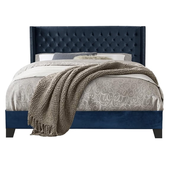 Nathaniel Home, Queen Beds, Upholstered Platform Bed Frame, Low Profile Deep Button Tufting Bed Frames, with Diamond Nailhead Trim Wingback Headboard, Blue
