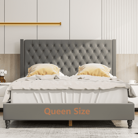 Nathaniel Home Queen Beds, Upholstered Tufted Bed, Platform Bed Frame with Diamond Low Profile Platform Beds Strong Wooden Slats, Adult Size Gray