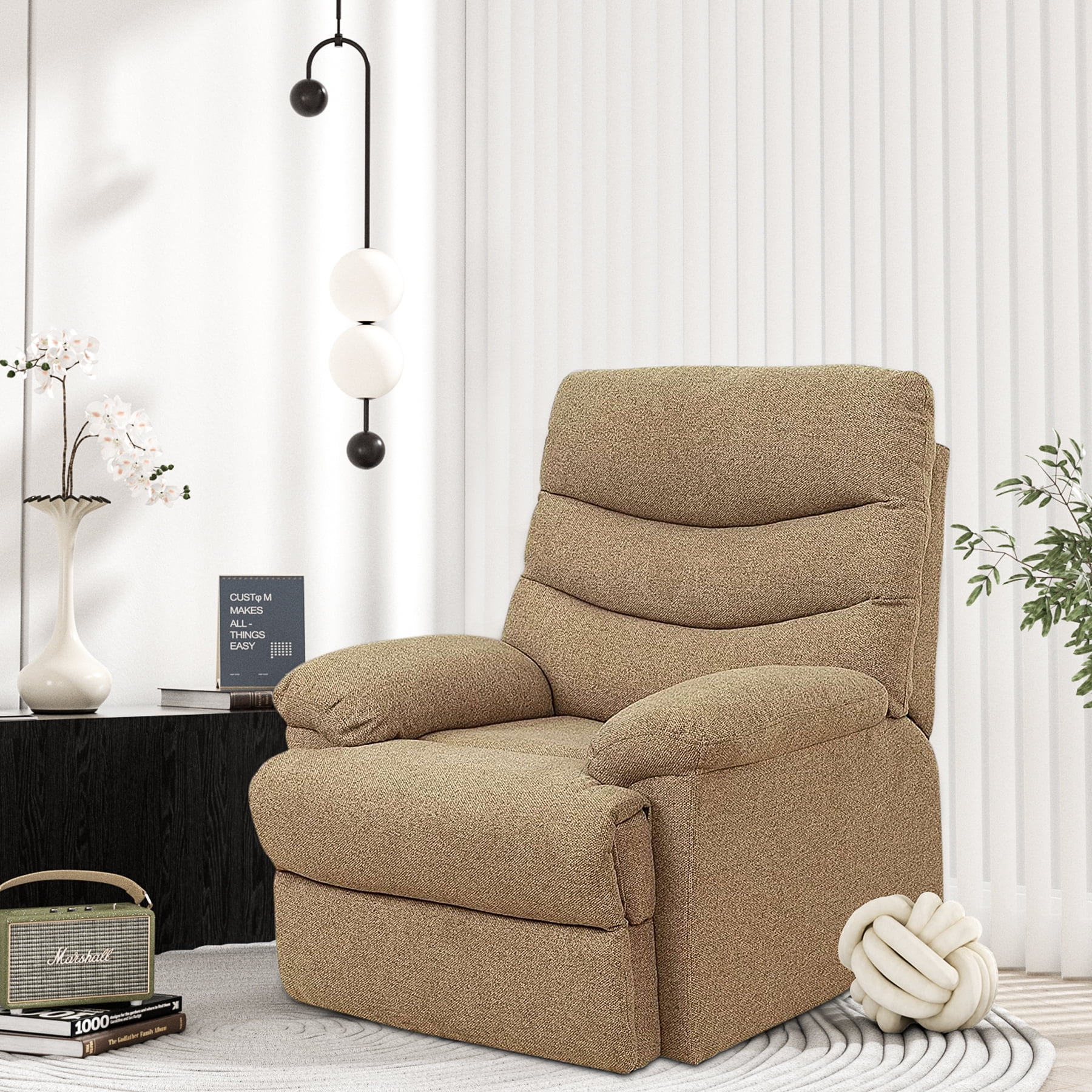 Nathaniel Home Recliner Chair, Upholstered Fabric Chair, Single Manual Reclining Sofa, Home Theater Seating, Footrest for Bedroom Elderly Lounge, Mocha Brown