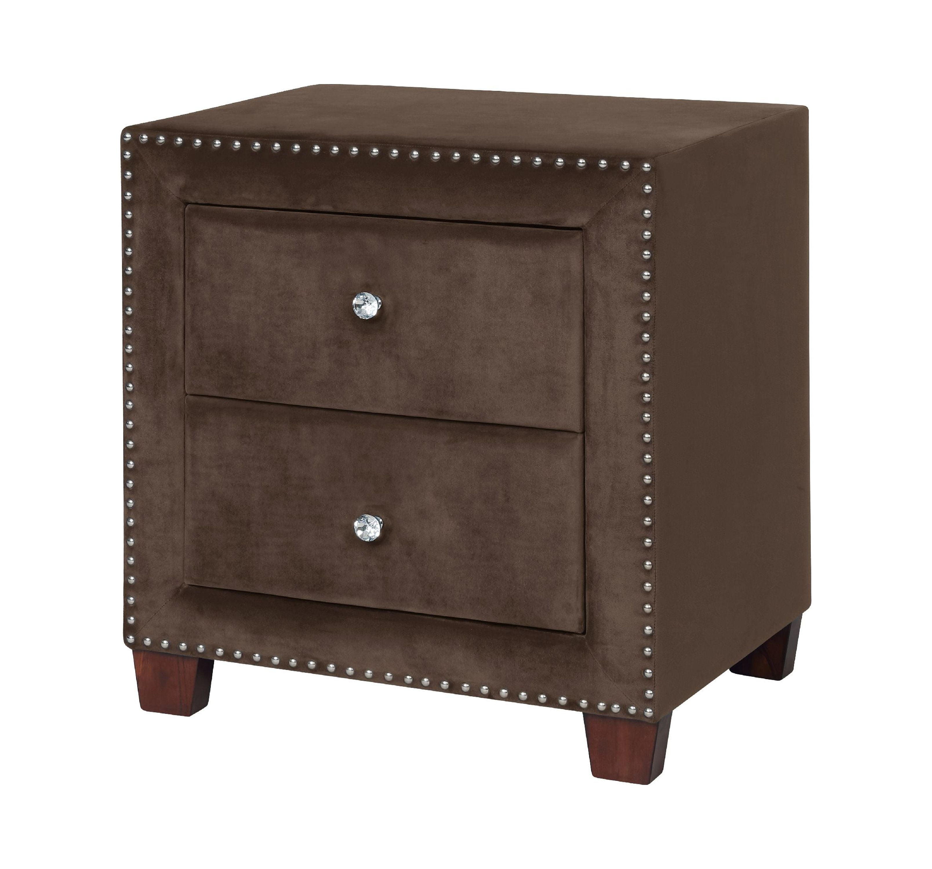 Nathaniel Home Storage Nightstand with 2 Drawers, Faux Velvet Upholstered Nightstand, Modern Bedside Table with Nail Head Trim, Brown