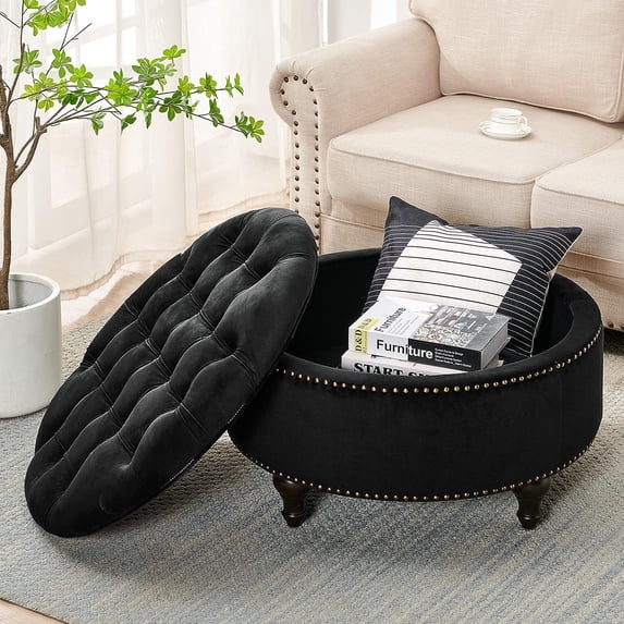 Nathaniel Home, Upholstered 30" Round Storage Button Tufted Ottoman, with Removable Lid, Modern Footrest Stool Bench, Black