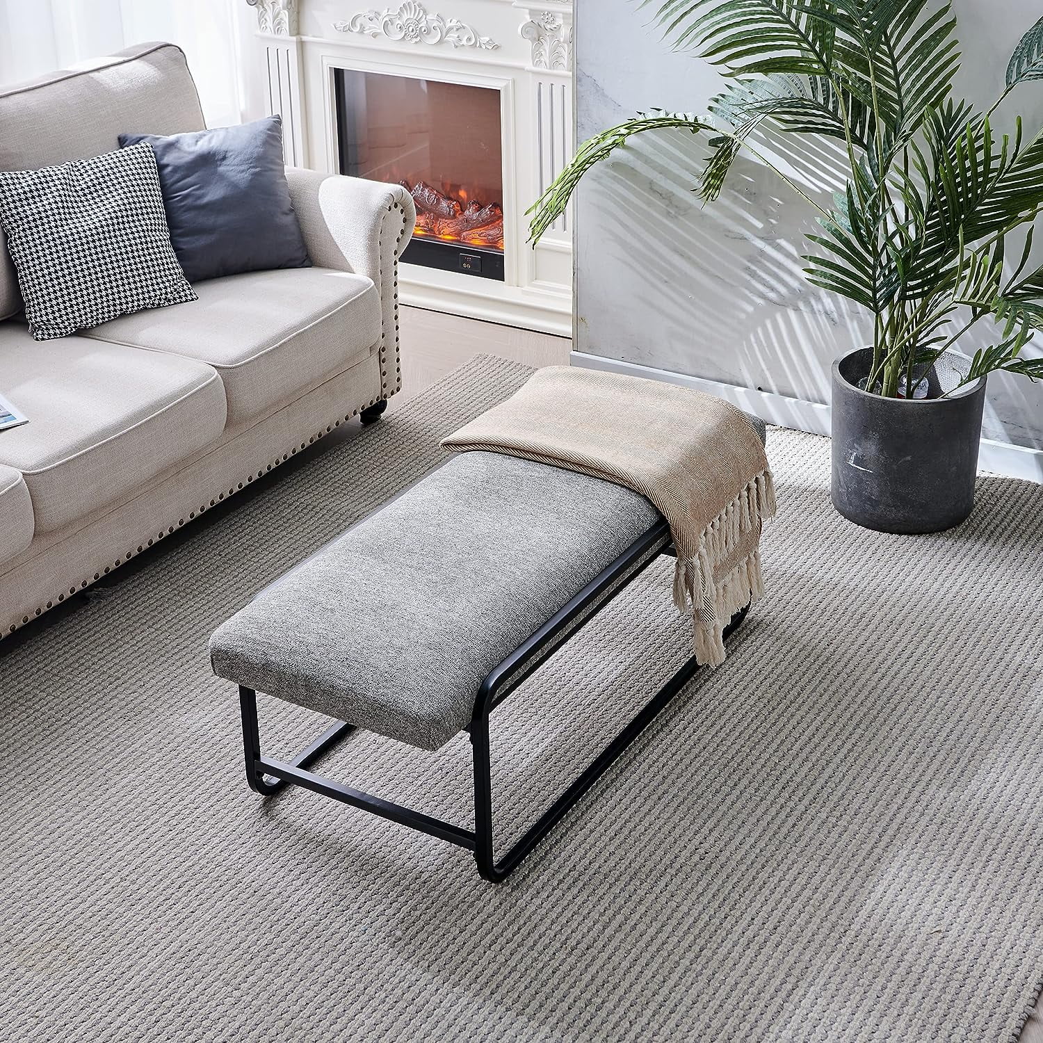 Nathaniel Home Upholstered Bedroom Benches, 60 inch Kids Ottoman Vegan Leather Footrest Stool, Accent Bench for Entryway Bedroom End of Bed, Light Gray