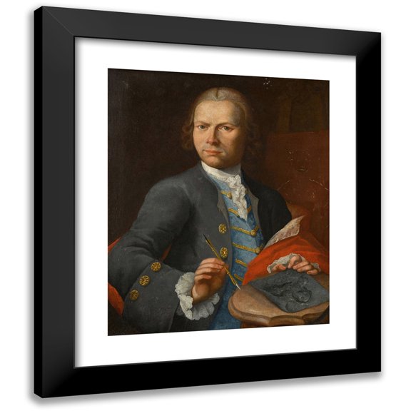 Nathaniel Hone 15x18 Black Modern Framed Museum Art Print Titled - Portrait of an Artist Holding a Drawing, an Unfinished Canvas Beyond