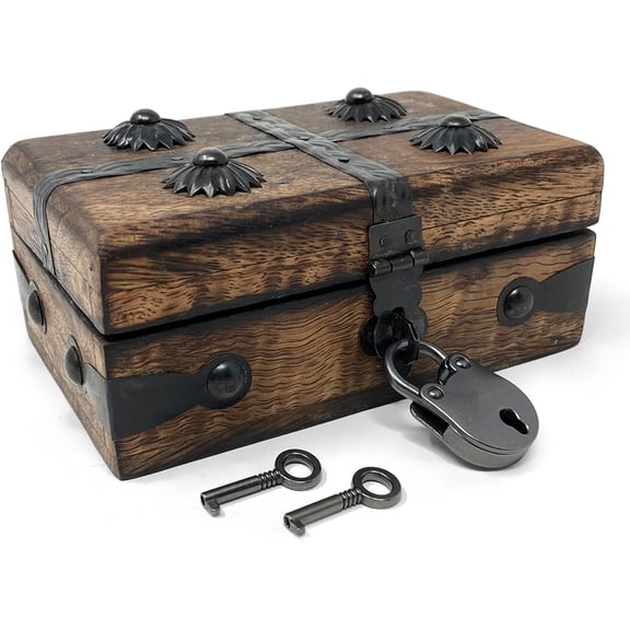 Natical Cove Treasre Chest Wooden Box with Antiqe Iron Lock and Skeleton Key (XSmall 5 x 3 2) Storage Decor Pirate Chest, Decorative Hinged Lid,
