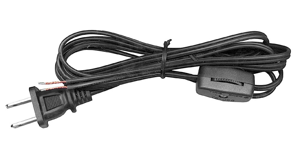 8-Foot Black Lamp Cord with Rotary Switch and Stripped Ends