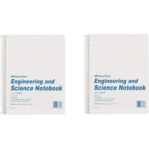 National Brand Engineering and Science Notebook, College with Margin and 10 X 10 Quad, White, 11 x 8.5 Inches, 60 Sheets (33610), 2 Packs