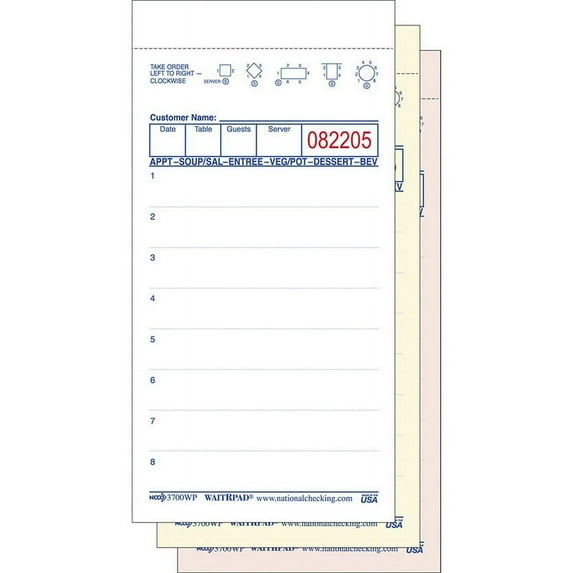 National Checking 3700WP Waitrpad No Carbon 3 Part White 11 Line 1-2500 Each