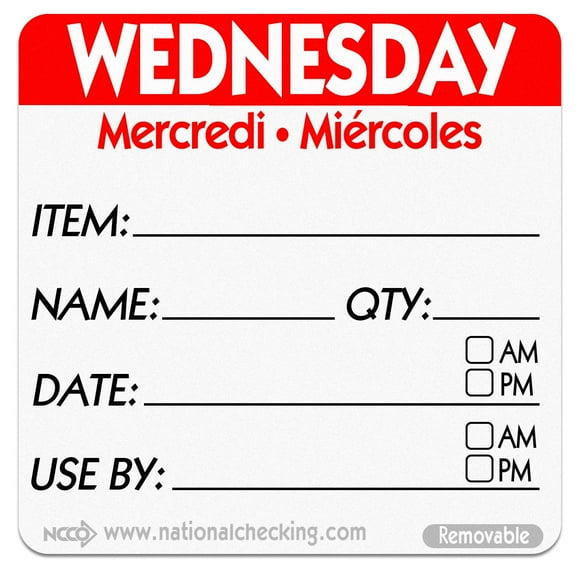 National Checking Company DateIt Square Wednesday Mercredi Miercoles Day of the Week Dissolvable Printed Removable Label Red | 500/Roll