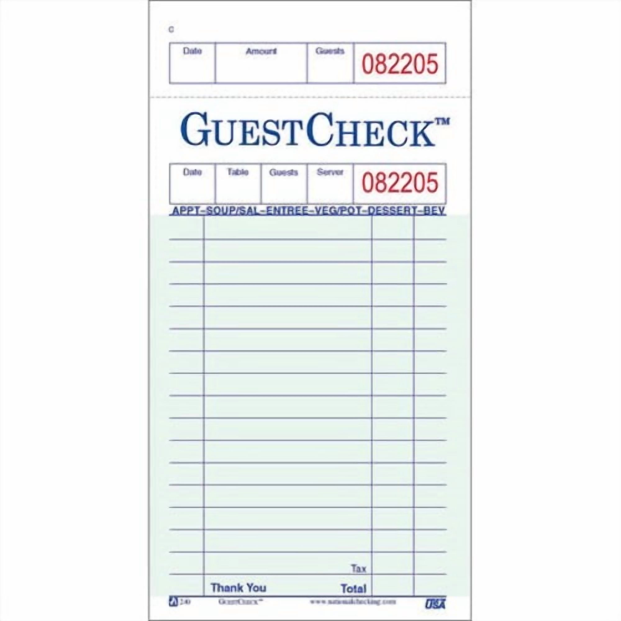 National Checking Company One-Part Copy Paper 17-Line GuestChecks Green, 6.75" Length x 3.5" Width | 50 Book/Case