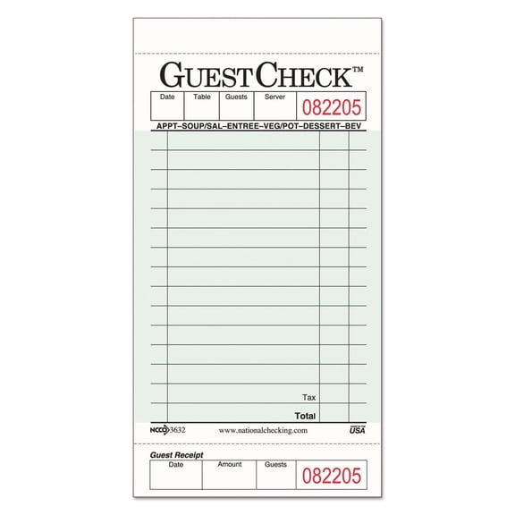 National Checking NTC G3632 Guest Check Pad with Customer Receipt Stub, 3 1/2" Width x 6 3/4" Height, 50 Checks/Pad (Pack of 50)