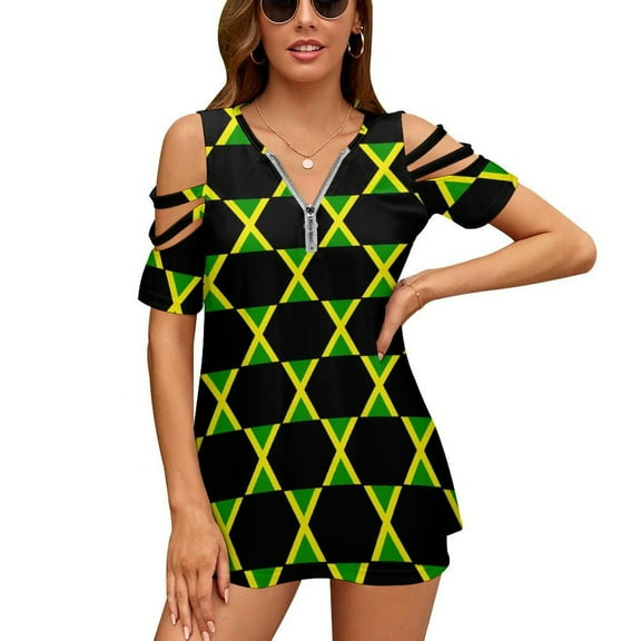National Flag Jamaica Womens Summer V Neck Zipper Top Short Sleeve T Shirt Off Shoulder Top Casual Classy Loose Shirts