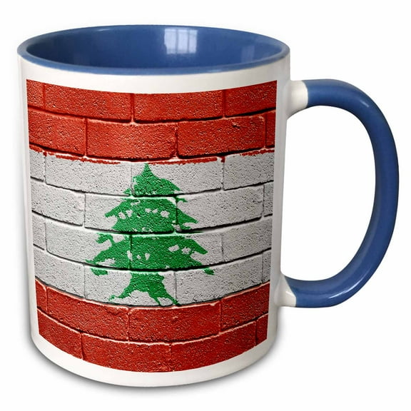 3drose, National Flag of Lebanon Painted onto a Brick Wall Lebanese, 11oz Two-tone Blue Mug