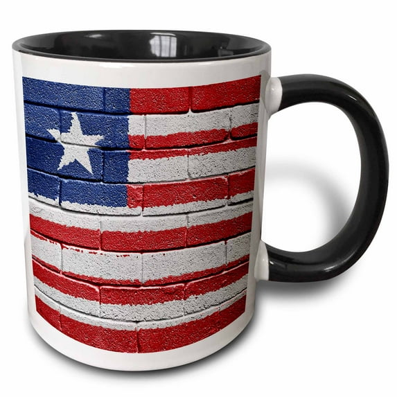 3drose, National Flag of Liberia Painted onto a Brick Wall Liberian, 11oz Two-tone Black Mug