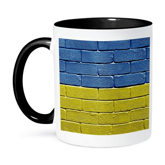 3dRose, National flag of Ukraine painted onto a brick wall Ukrainian, 11oz Two-Tone Black Mug