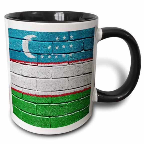 3drose, National Flag of Uzbekistan Painted onto a Brick Wall Uzbekistani, 11oz Two-tone Black Mug