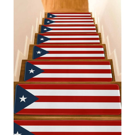 National Flag of Puerto Rico Patriot Stair Treads for Wooden Steps Indoor Runner Rug Carpet, 15 Pieces Peel and Stick Staircase Step Treads Covers Washable Throw Door Mats, 30"x8"