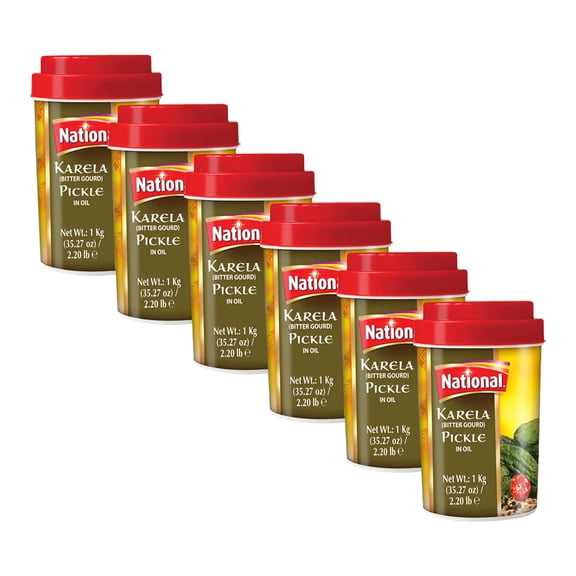 National Foods Bitter Gourd Pickle 35.27 oz (1000g) | Traditional South Asian Relish | Karela Achaar | Plastic Jar | Pack of 6