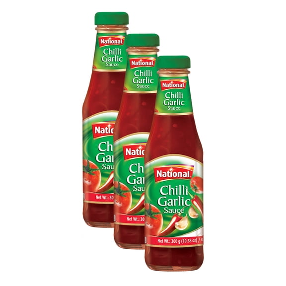 National Foods Chilli Garlic Sauce 10.58 oz (300g) | Traditional & Spicy | Condiment for Dipping & Topping | Premium Glass Bottle (Pack of 3)