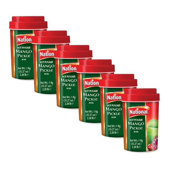 National Foods Hot Punjabi Mango Pickle 35.27 oz (1000g) | Sour & Spicy Traditional South Asian Relish | Zesty & Tangy Aam Ka Achaar | Plastic Jar | Pack of 6