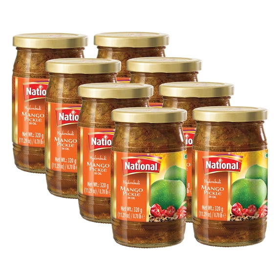 National Foods Hyderabadi Mango Pickle 11.29 oz (320g) Sour & Spicy Traditional South Asian Relish | Zesty & Tangy Aam Ka Achaar | Premium Glass Bottle | Pack of 8