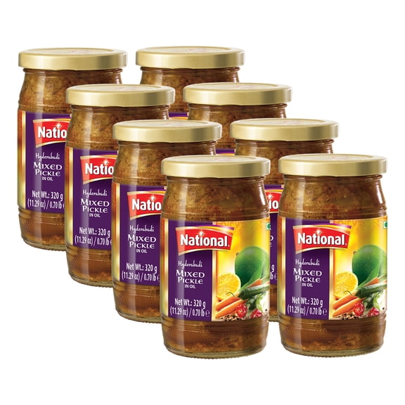 National Foods Hyderabadi Mixed Pickle 11.29 oz (320g) Sour & Spicy Traditional South Asian Relish | Zesty & Tangy Achaar | Premium Glass Bottle | Pack of 8