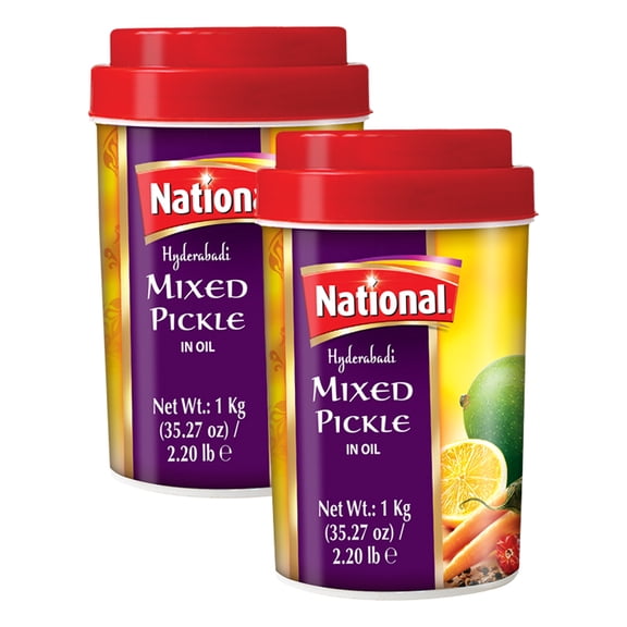 National Foods Hyderabadi Mixed Pickle 35.27 oz (1000g) | Sour & Spicy Traditional South Asian Relish | Zesty & Tangy Achaar | Plastic Jar | Pack of 2