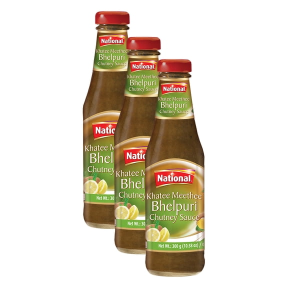 National Foods Khatee Meethee Bhelpuri Chutney 10.58 oz (300g) | Traditional South Asian Spicy Sauce | Sweet & Tangy Accompaniment | Condiment for Dipping | Premium Glass Bottle (Pack of 3)