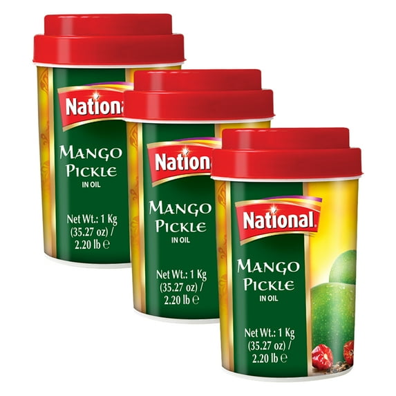 National Foods Mango Pickle 35.27 oz (1000g) Sour & Spicy Traditional South Asian Relish | Zesty & Tangy Aam Ka Achaar | Plastic Jar | Pack of 3
