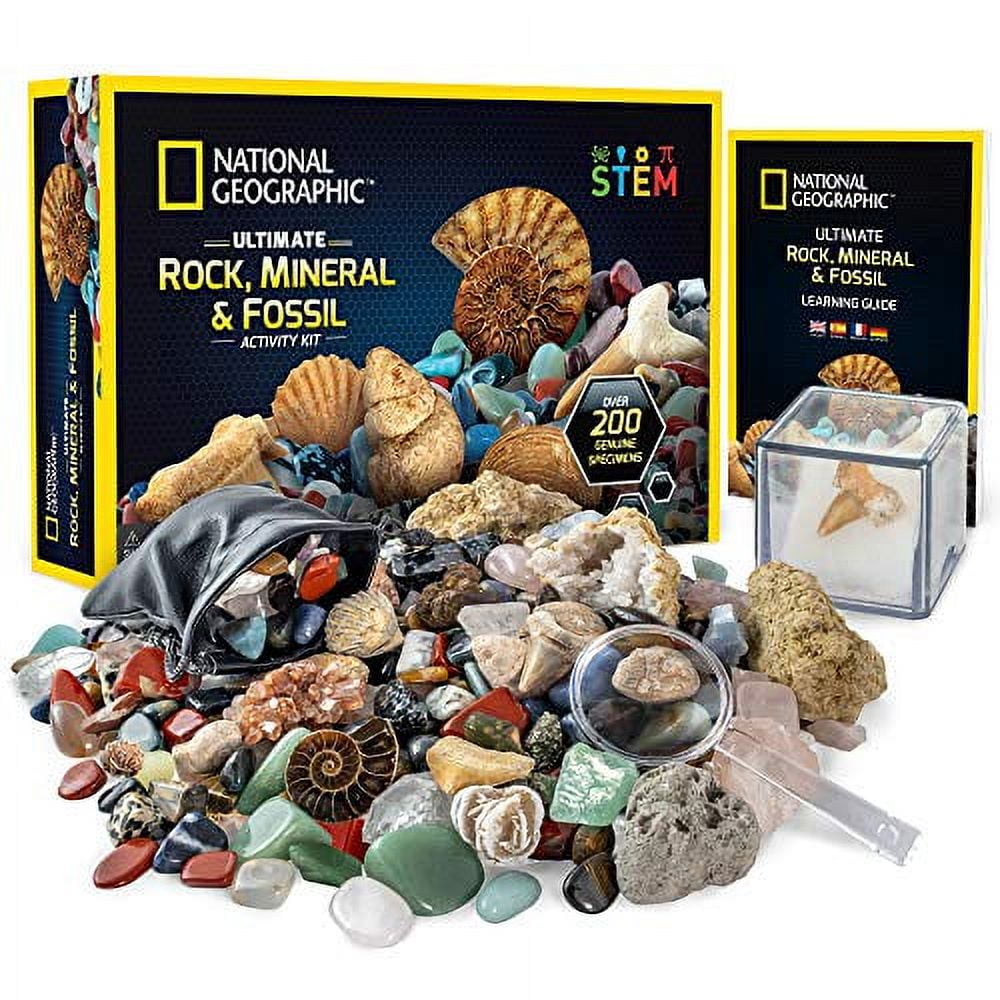 National Geographic Rocks & Fossils Kit 200+ Piece Set Includes geodes Real Fossils Rose Quartz Jasper Aventurine & Many More Rocks Crystals