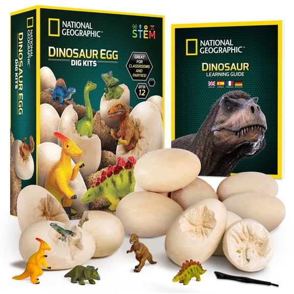 NATIONAL GEOGRAPHIC Dinosaur Dig Kit - 12 Dino Shaped Dig Bricks with Dinosaur Figures Inside & Excavation Tool Sets
