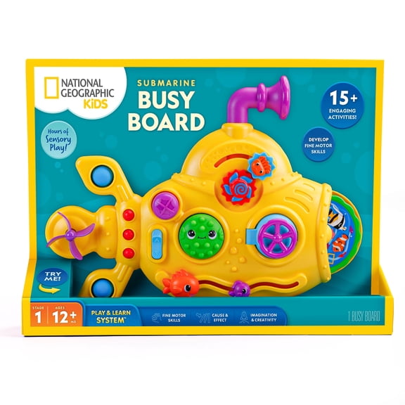 National Geographic Kids Submarine Busy Board for Toddlers Ages 1+, Sensory Learning Toy with 15+ Interactive Elements & Play & Learn Activity Cards