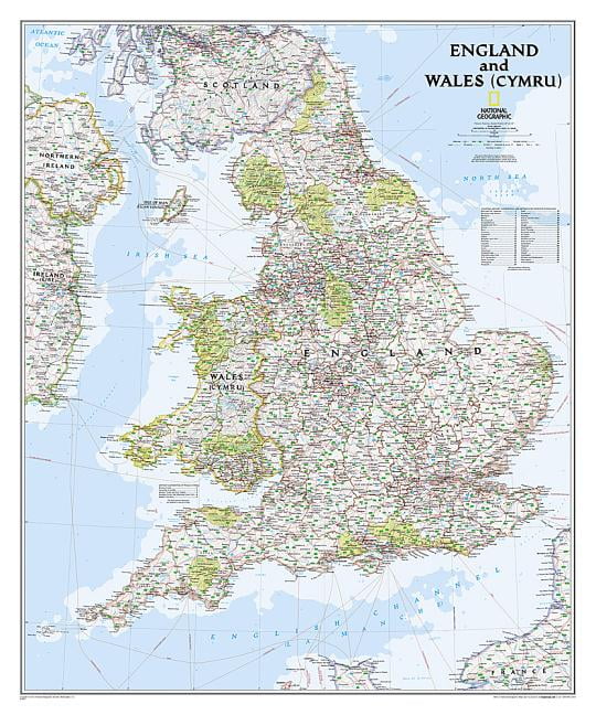 Classic Laminated England and Wales Wall Map 30" x 36"
