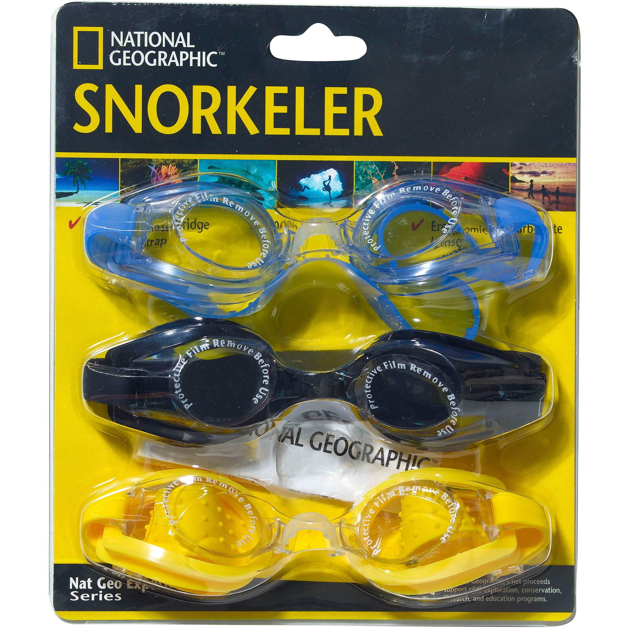 National Geographic Snorkeler Swim Goggle 3Pack with Adjustable Nose