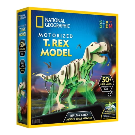 NATIONAL GEOGRAPHIC Motorized Dinosaur 3D Puzzle - 50-Piece Wood T. rex Model Kit with Light-Up Motorized Display Base