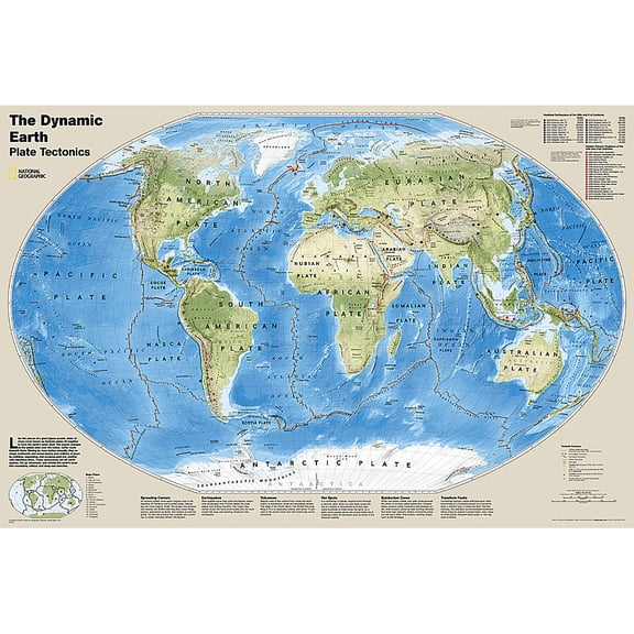 National Geographic The Dynamic Earth, Plate Tectonics Map, Laminated, 36" x 24"