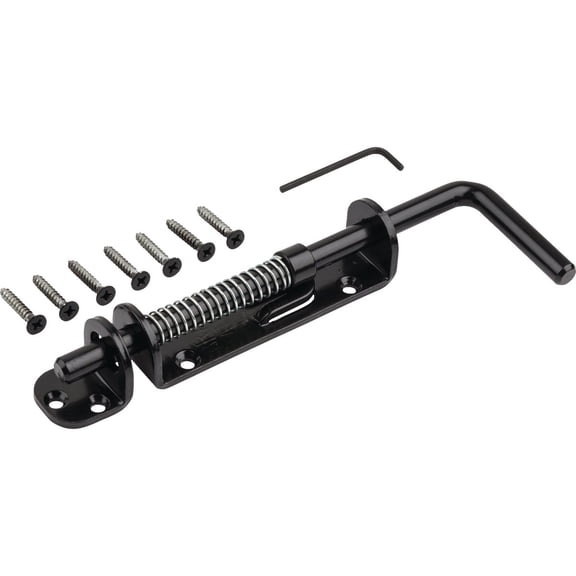 National Hardware N109-214 V1142 Spring Loaded Heavy Duty Sliding Door Bolt Latch - Black Steel Security Lock for Gates, Sheds and Stalls - Left or Right Hand Operation
