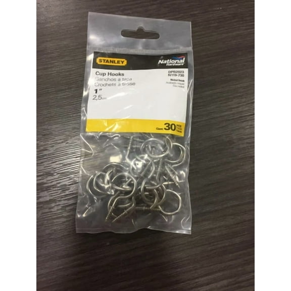 National Hardware N119-730 Satin Nickel Metallic Steel 1" L Cup Hook 10 Lb 30 Pk