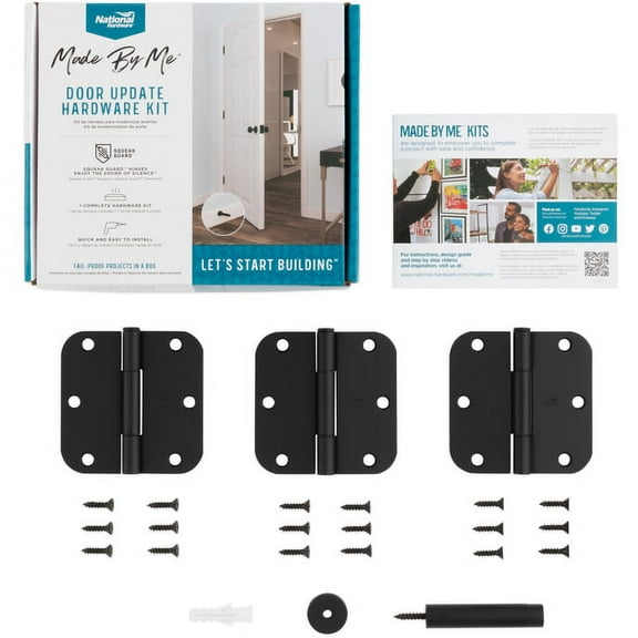 National Hardware N900-007 Rounded Door Hinges and Door Stop, 3 Pack Squeak Guard Hinges with Door Stopper Wall Protector, Matte Black