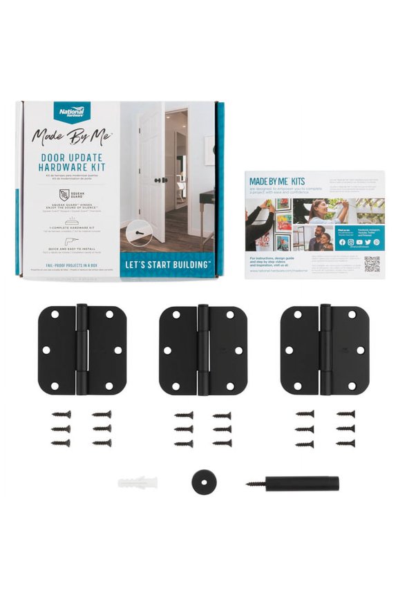 N900-007 Rounded Door Hinges and Door Stop, 3 Pack Squeak Guard Hinges with Door Stopper Wall Protector, Matte Black