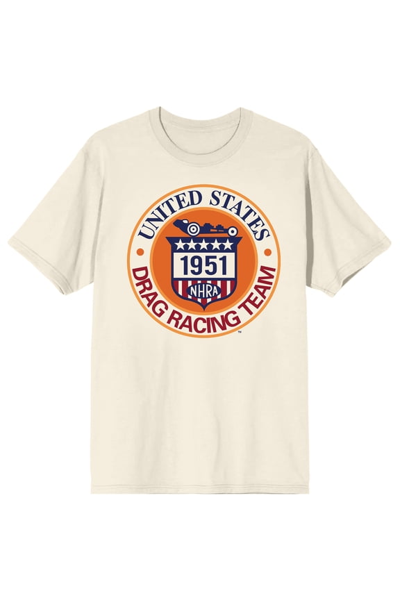 National Hot Rod Association U.S. Drag Racing Circle Logo Adult Natural Crew Neck Short Sleeve T-shirt -Small