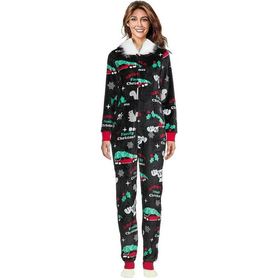 National Lampoon Women's Union Suit Pajamas with Minky Socks Gift Set, Black