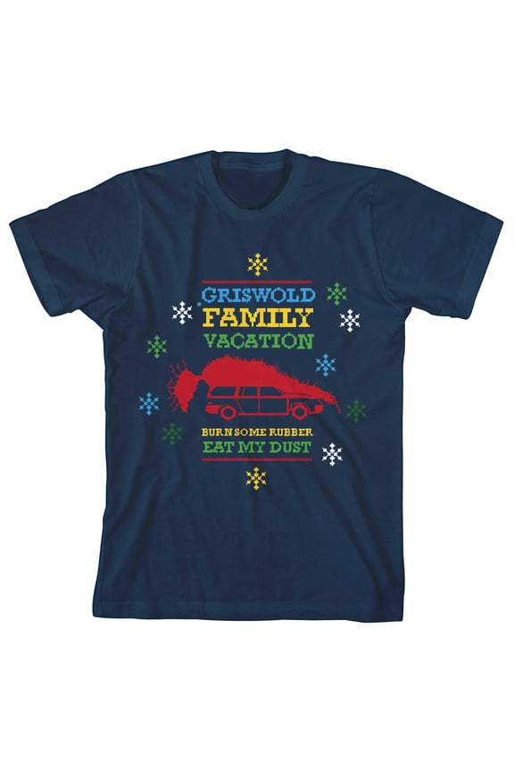 National Lampoon's Christmas Vacation Griswold Family Vacation Burn Some Rubber Verbiage Youth Navy Blue Graphic Tee-XL
