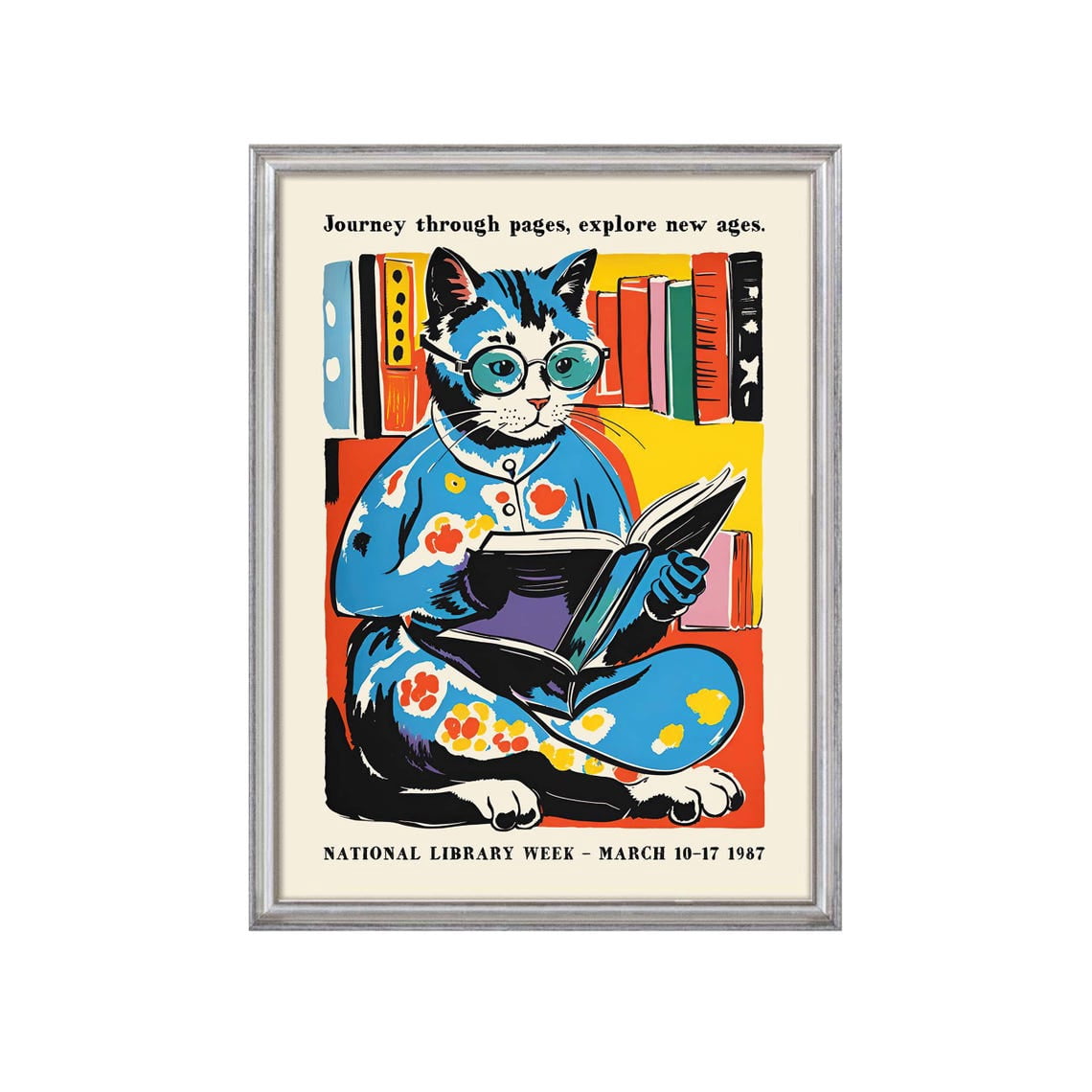 Library Sign Retro National Library Week 1987 Cat Wall Art Print, Vintage Reading Decor ...
