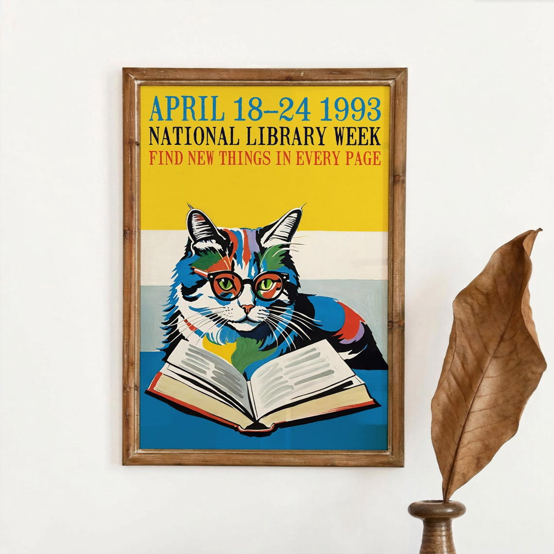 National Library Week Cat Wall Art Print, Retro Reading Book Lover ...