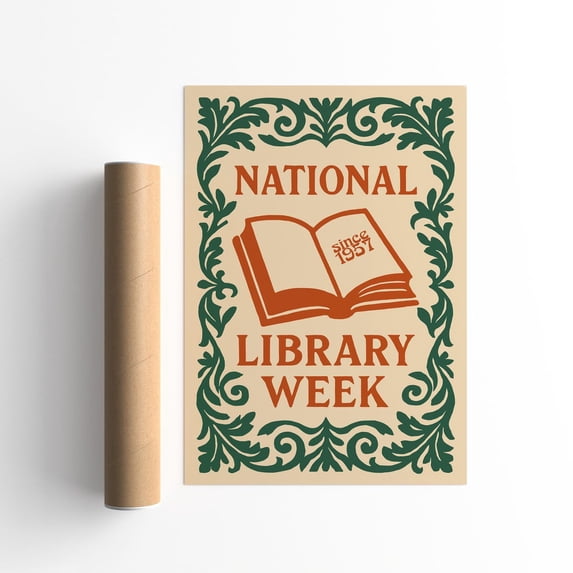 National Library Week Vintage Botanical Linocut Book Design 6, Unframed Paper Poster 24x36in