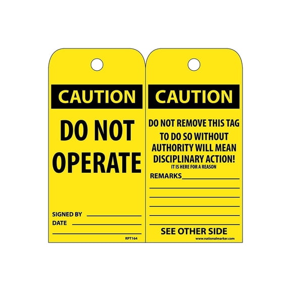 National Marker Accident Prevention Tags Caution Do Not Operate 6X3 Unrip Vinyl 25/Pk RPT164