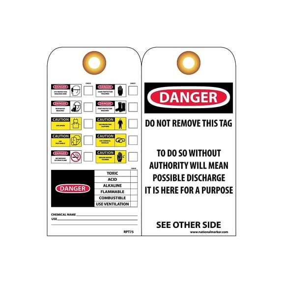 National Marker Accident Prevention Tags; Chemical Id 6X3 Unrip Vinyl 25/Pk W/ Grommet RPT75G