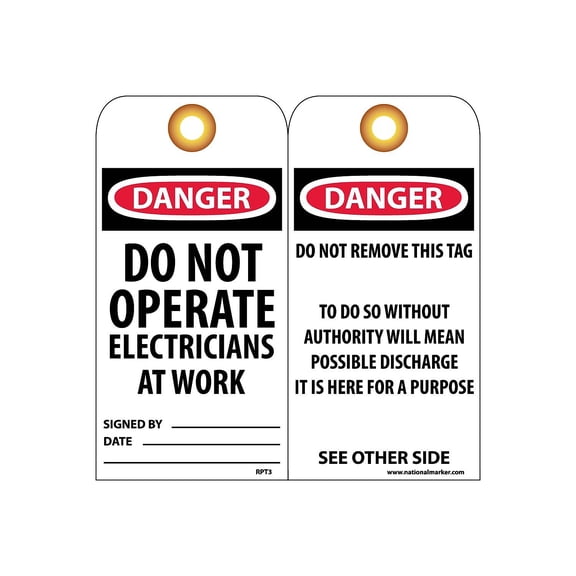 National Marker Accident Prevention Tags; Danger Do Not Operate Electricians 6X3 Unrip Vinyl 25/Pk